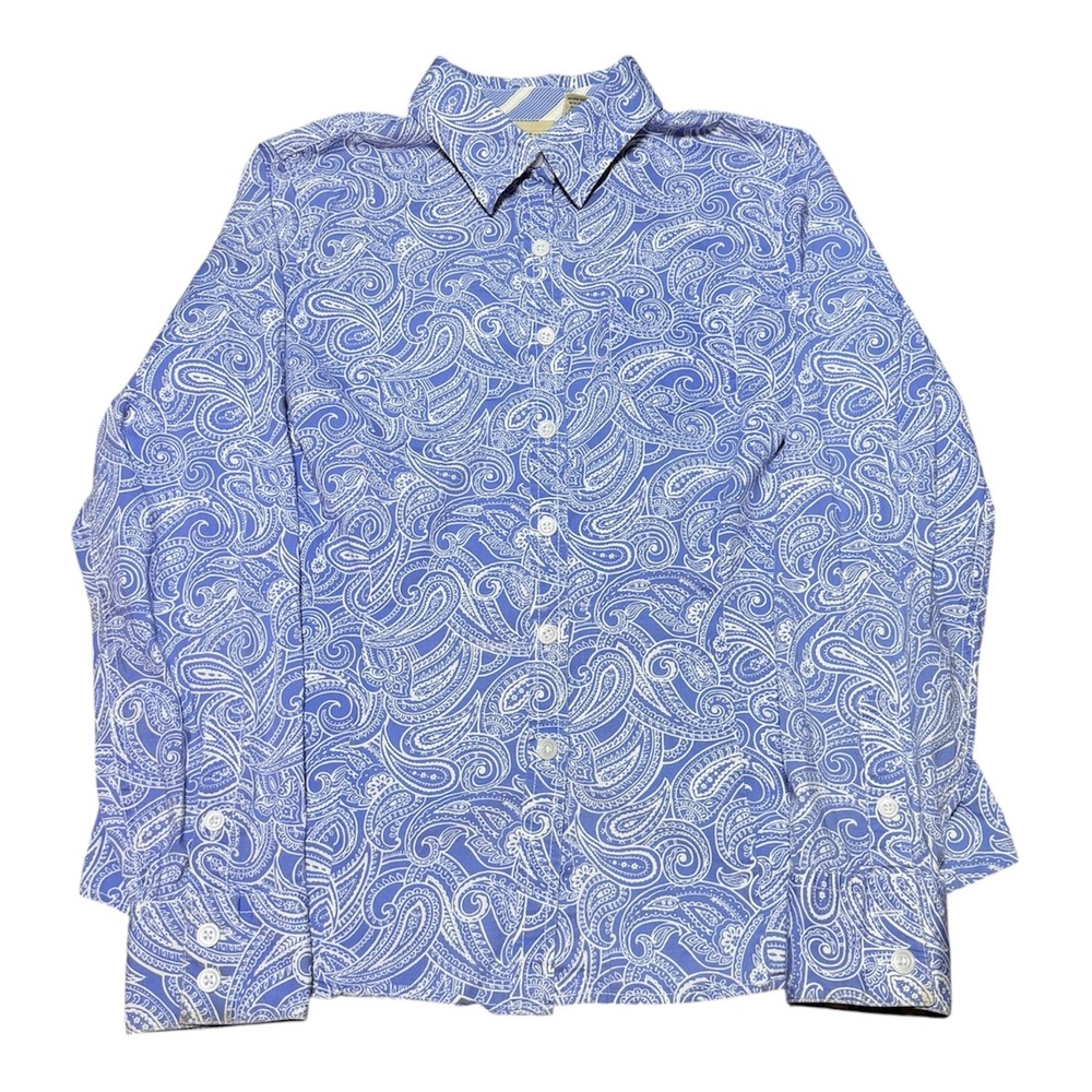 LL Bean Long Sleeve Button Down Paisley Print Blue White Women M